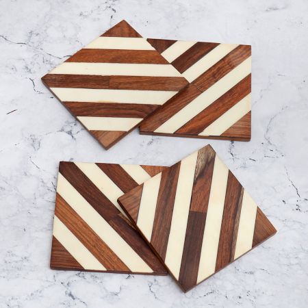 Brown and White Pattern Wooden Coasters - Pack of 4